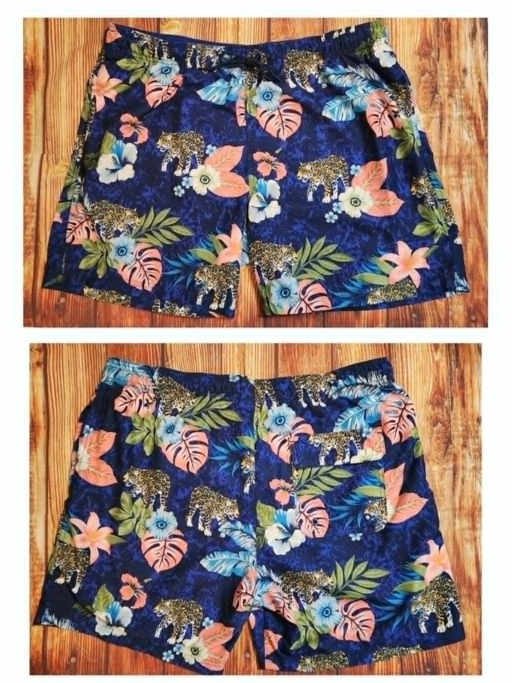 George Mens XL Swim Trunks Blue Tropical Floral Leopard Mesh Lined Pockets EUC